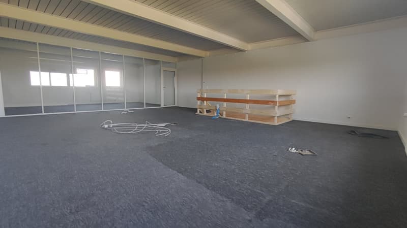 empty room, gray carpet, glass walls, wooden pallet, white walls, ceiling beams