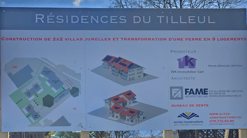 Advertisement for Residences du Tilleul, showing plans for 2x2 villas and a farm transformation into 9 lodgings
