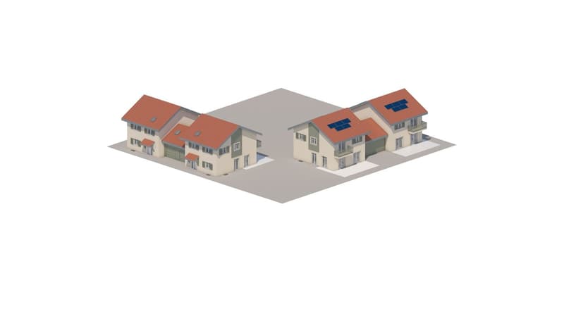 2 houses, red roof, solar panels, garage, balcony