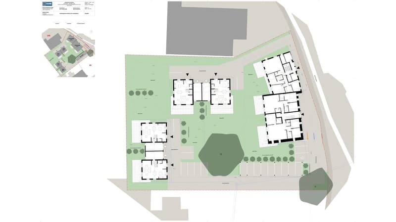 multiple buildings, parking spaces, green areas, pathways