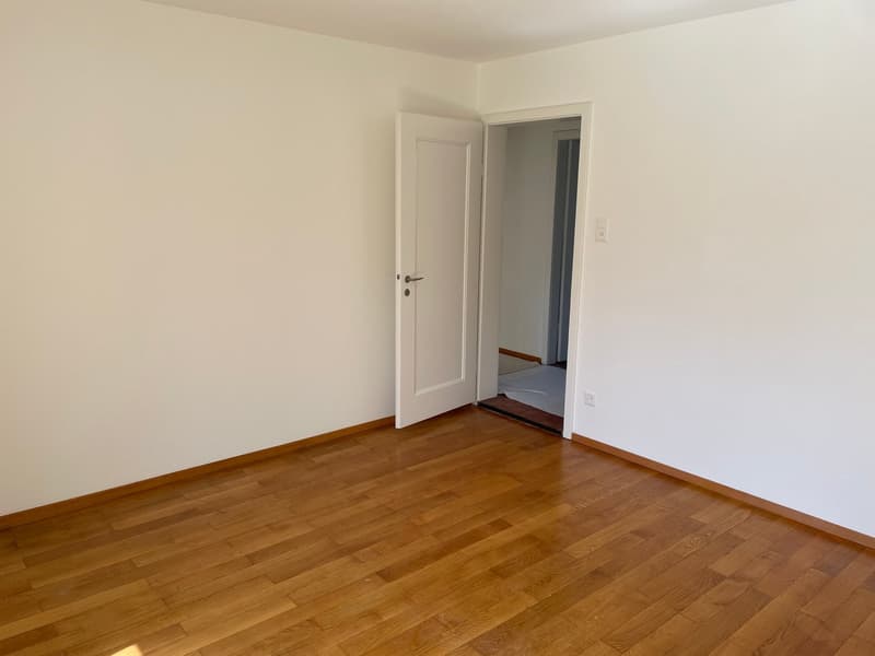 white walls, wooden floors, white doors