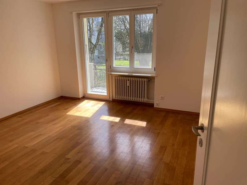 wooden floor, white walls, glass sliding door leading to balcony, radiator, white power outlet