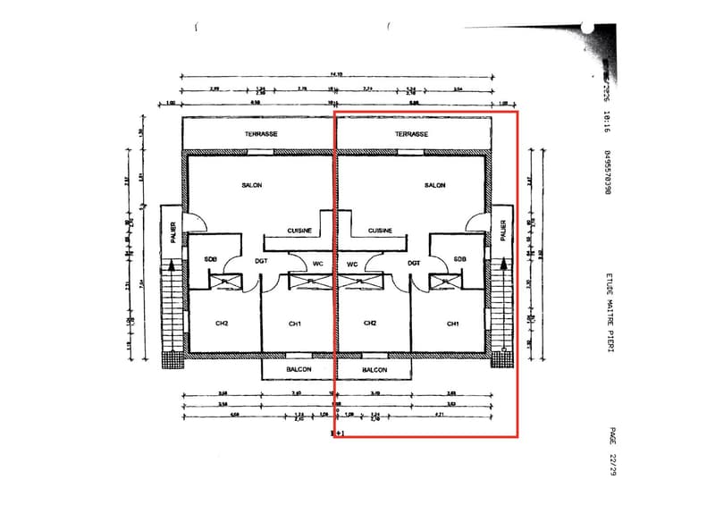 The image shows a floor plan with two apartments. Each apartment has a living room, kitchen, two bedrooms, and a bathroom. Both apartments have balconies.