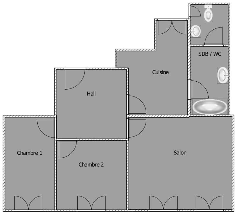 hall, kitchen, 2 bedrooms, shower/WC, living room