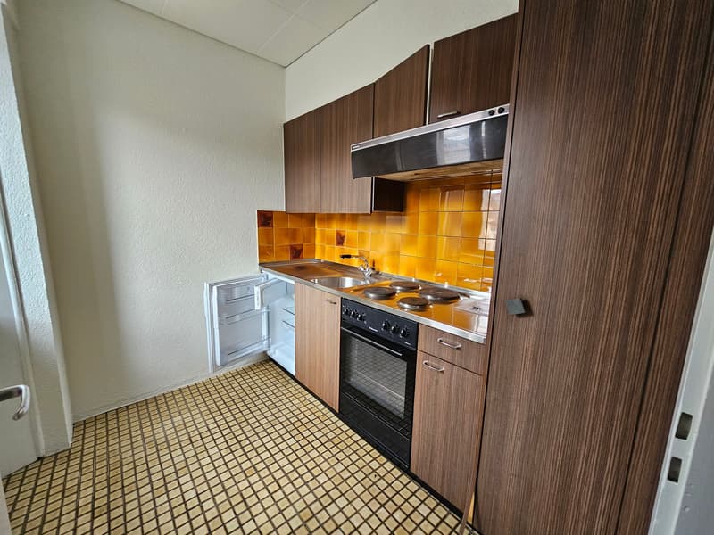kitchenette with tiled floor, wooden cupboards, sink, gas stove, electric oven, fridge