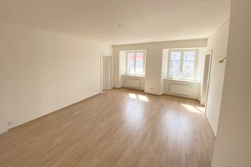 empty room, hardwood floor, white walls, windows, radiators, power outlets