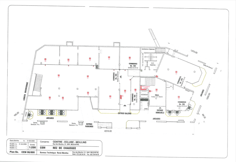 Floor plan of Centre-Ecluuse-Moulins, Rue des Moulins 51, with commercial spaces, halls, arcades, parking, toilets, and stairs