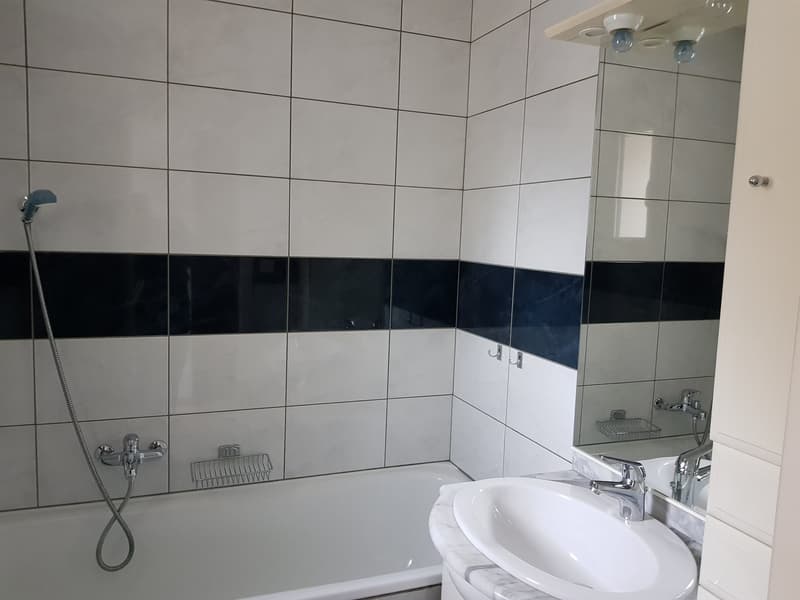 bathroom with white and blue tiles, bathtub, sink, mirror, shower head