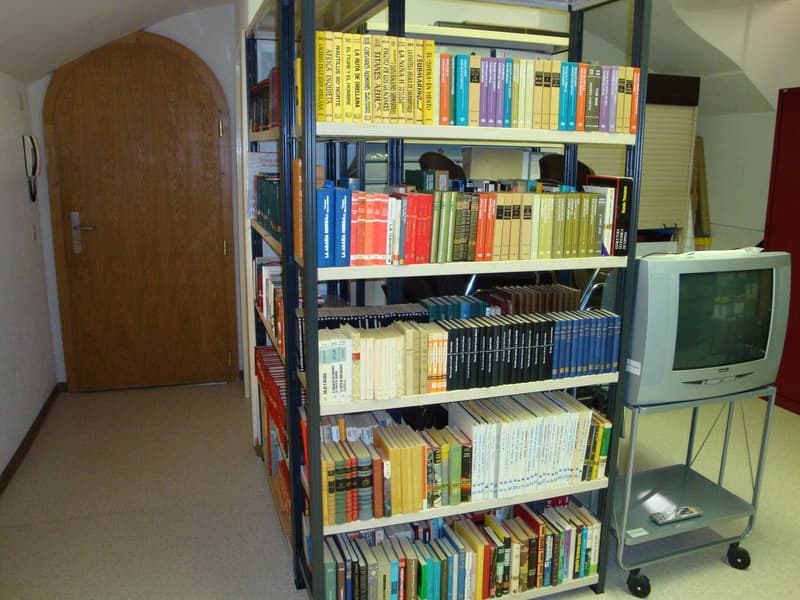 room with a wooden door, a shelf with books, a television, and a remote control