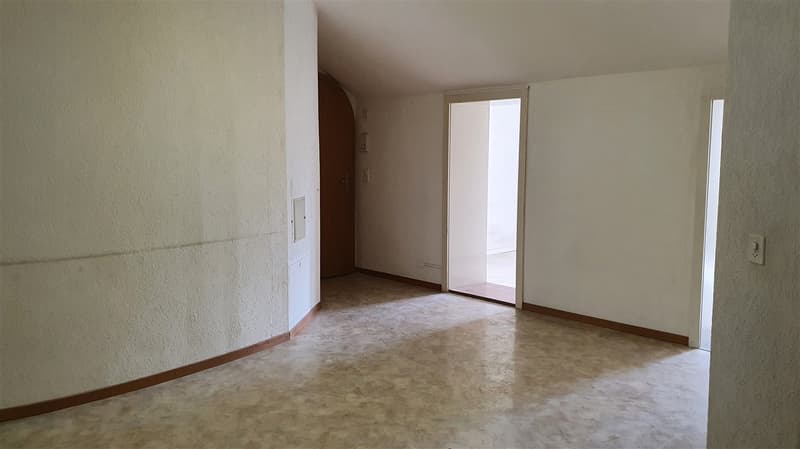 white walls, wooden floors, two doors, and an open doorway
