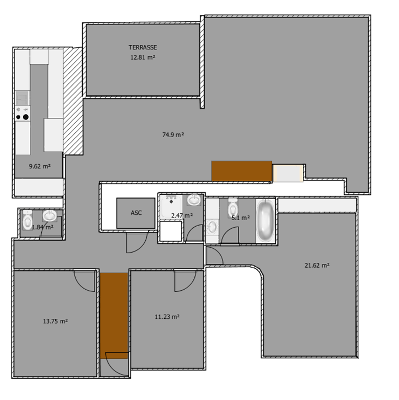 Terrace, living room, kitchen, 2 bedrooms, 2 bathrooms, washing area