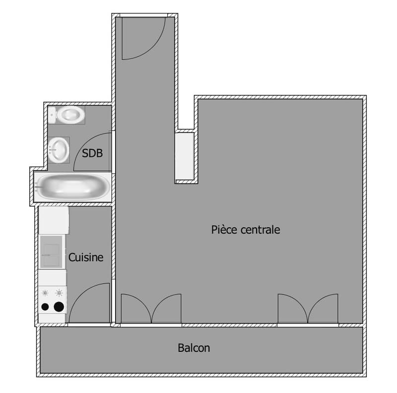 Central room, kitchen, shower, balcony