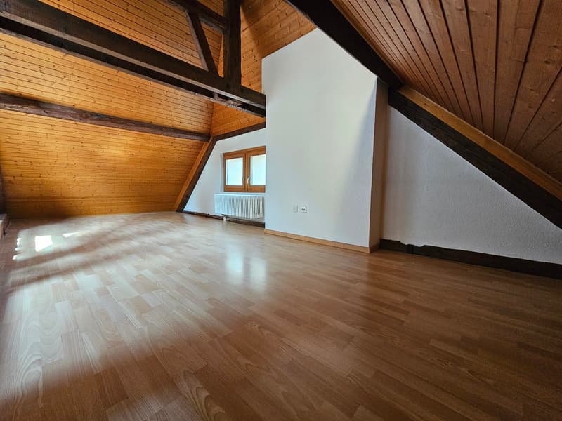 empty room, wooden floor, wooden ceiling, white wall, window, radiator