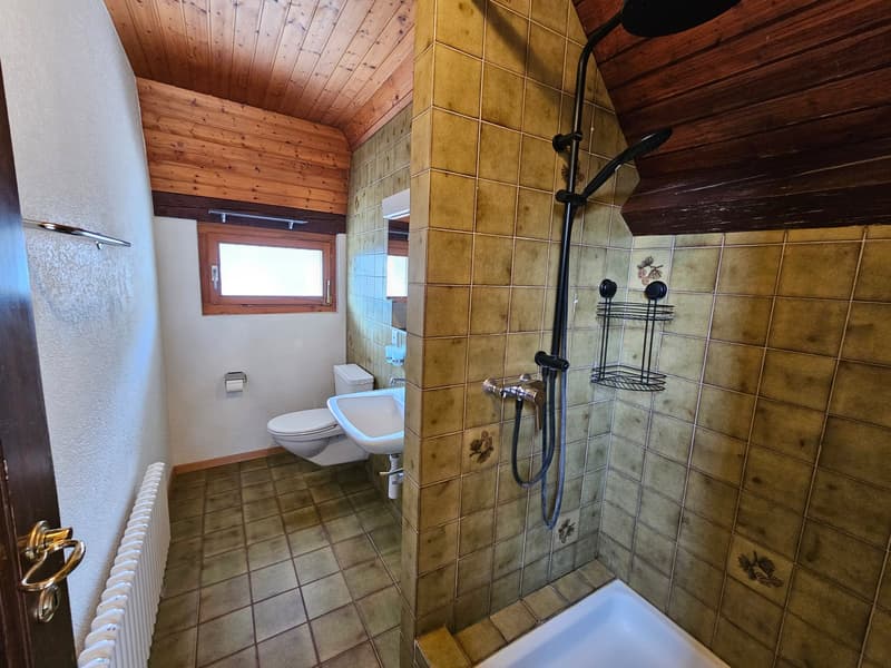 Bathroom with wooden ceiling, tiled floor, white toilet, white sink, shower with shower head, radiator, window
