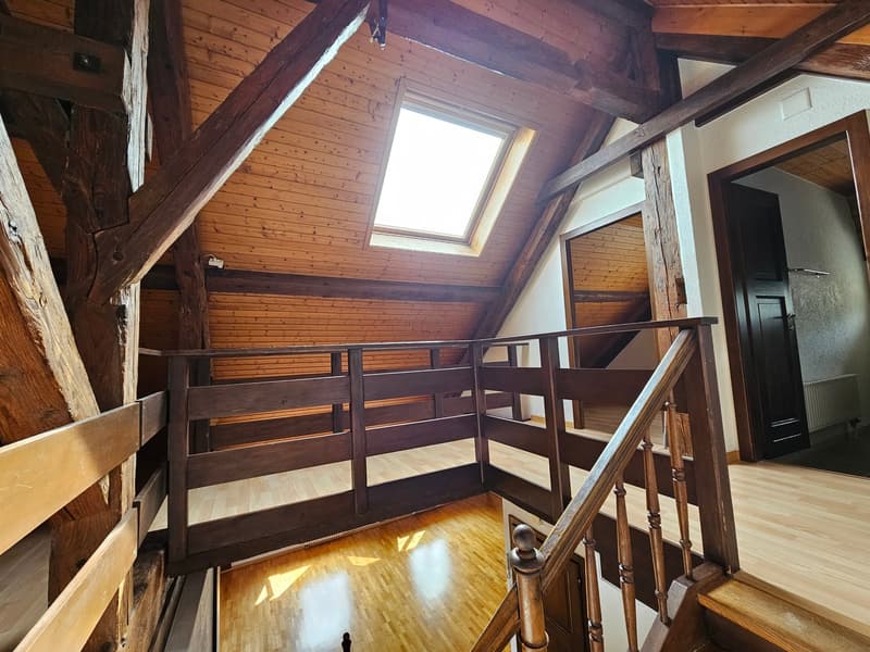 wooden beams, wooden floor, wooden railing, wooden staircase, skylight