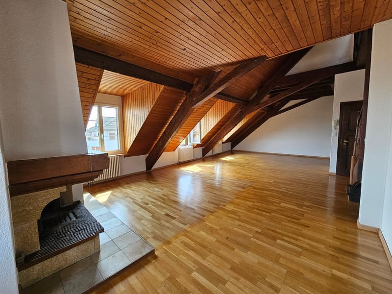 wooden ceiling, wooden floor, fireplace, windows, radiators