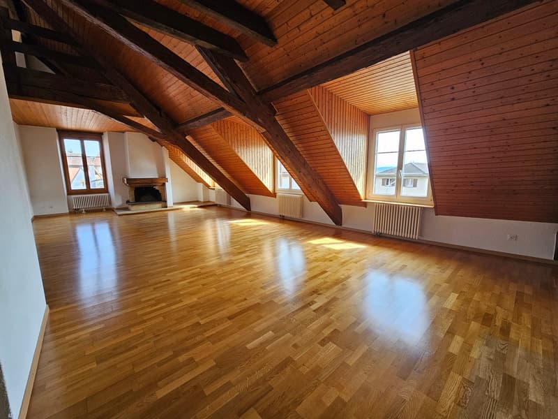 wooden floor, wooden ceiling, fireplace, windows, radiators