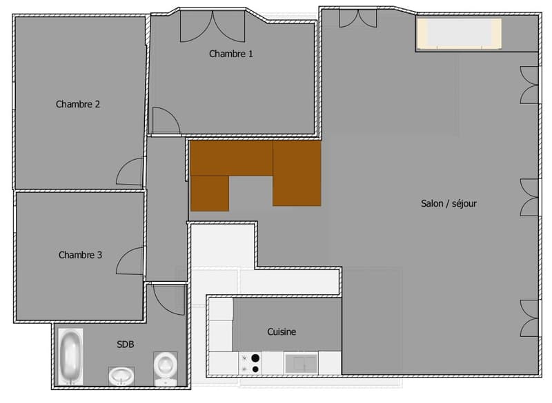 3 bedrooms, living room, kitchen, bathroom, separate toilet, shower