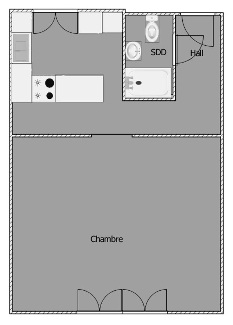 Single room floor plan with bathroom, separate toilet and walk-in shower, hall with closet, and separate dining area.