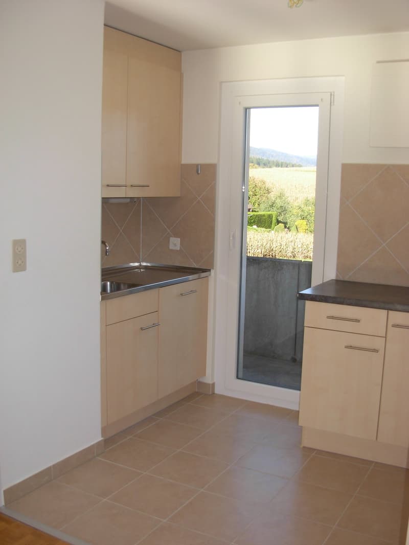 kitchen with wooden cabinets, tiled floor, sink, sliding door to balcony