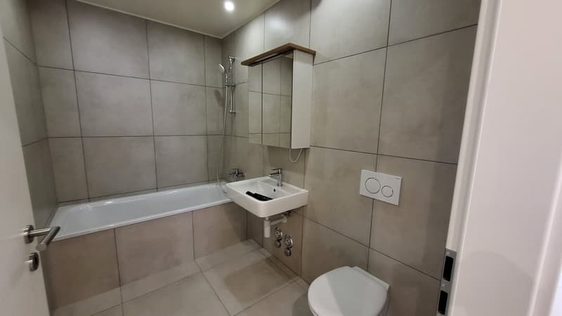 Bathroom with bathtub, sink, toilet, shower, tiled walls, white fixtures