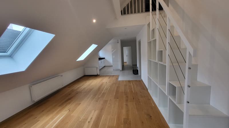 wooden floor, white walls, white shelves, white radiators, skylights, staircase