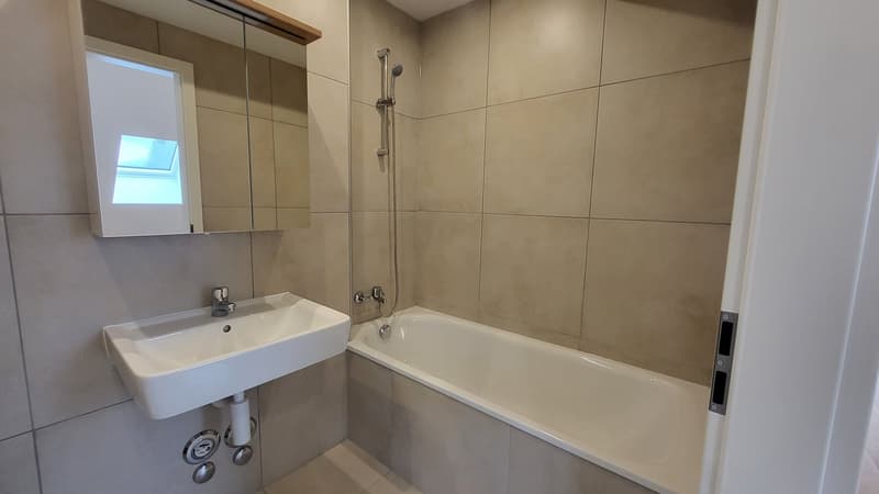 Bathroom with bathtub, sink, mirror, and shower