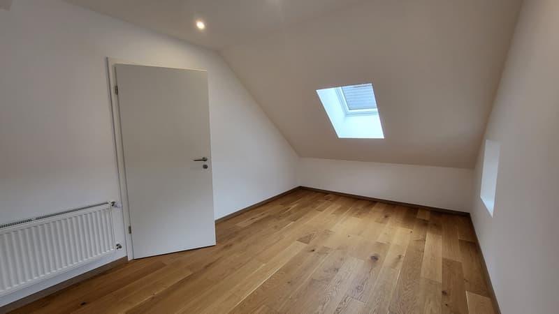 empty room, wooden floor, white walls, white door, skylight, radiator