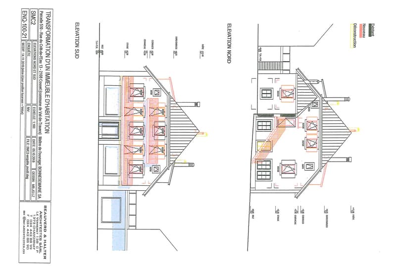 The floor plan shows two sections, one with a basement and the other with a raised ground floor. The basement has a kitchen, living room, and a bedroom. The raised ground floor has a living room, a bedroom, and a bathroom.