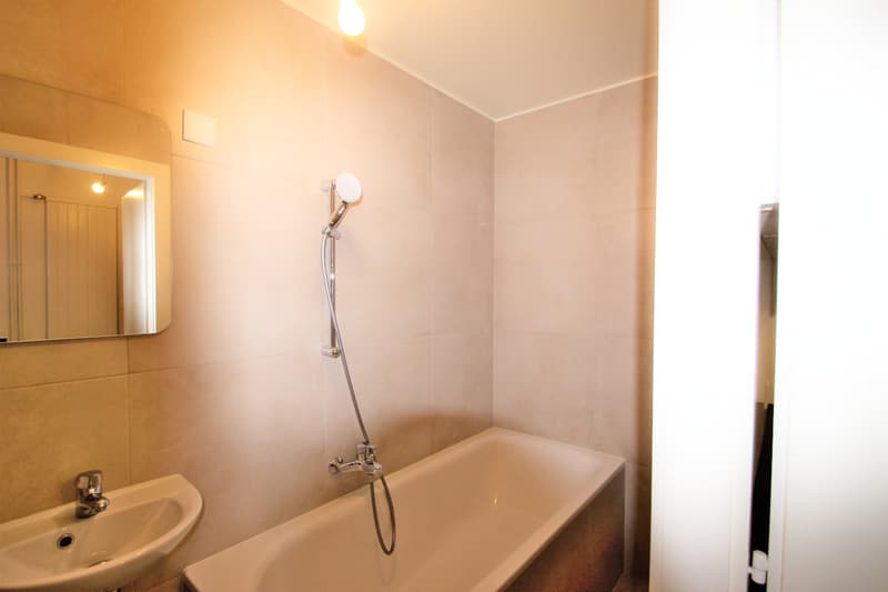 Bathroom with bathtub, sink, mirror, and shower head