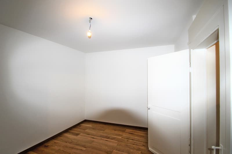 empty room, white walls, wooden floor, white door, light fixture
