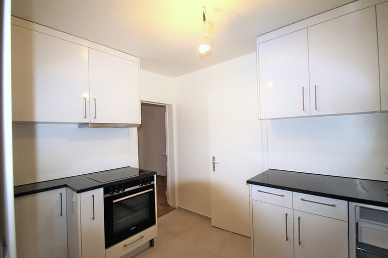 modern kitchen with white cabinets, black countertops, built-in oven and stove, ceiling light