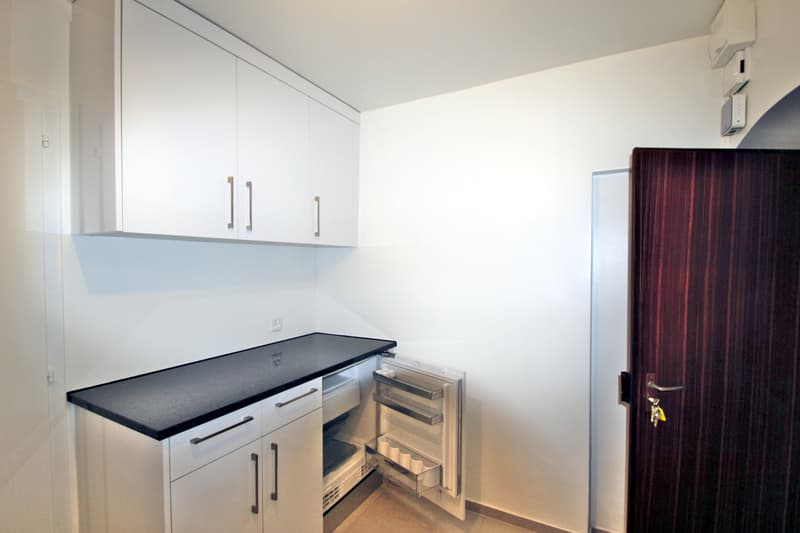 small kitchen with white cabinets, black countertop, open refrigerator, dishwasher