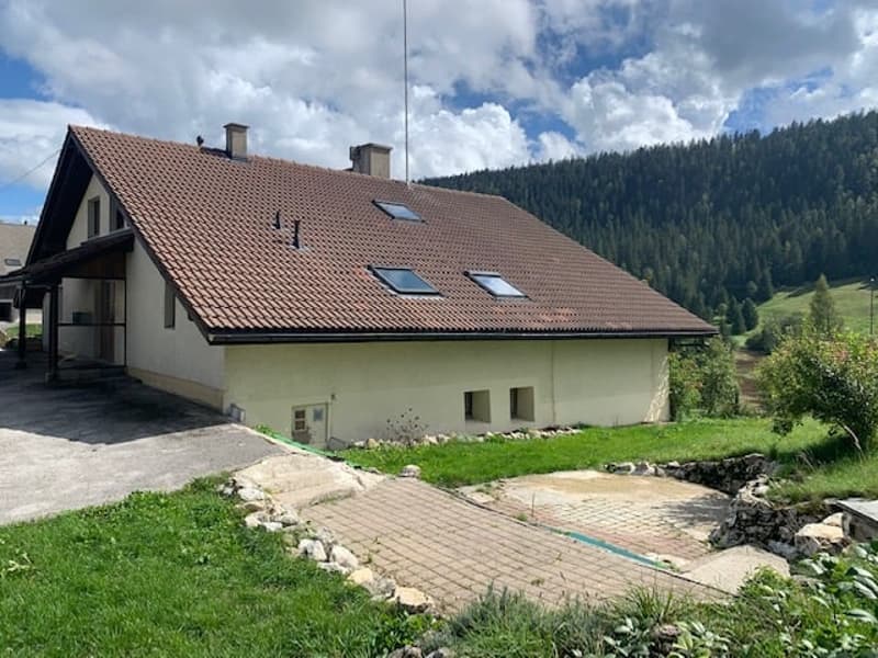 2-story house with a tiled roof, surrounded by a grassy area and a paved walkway, located in a mountainous, forested area.
