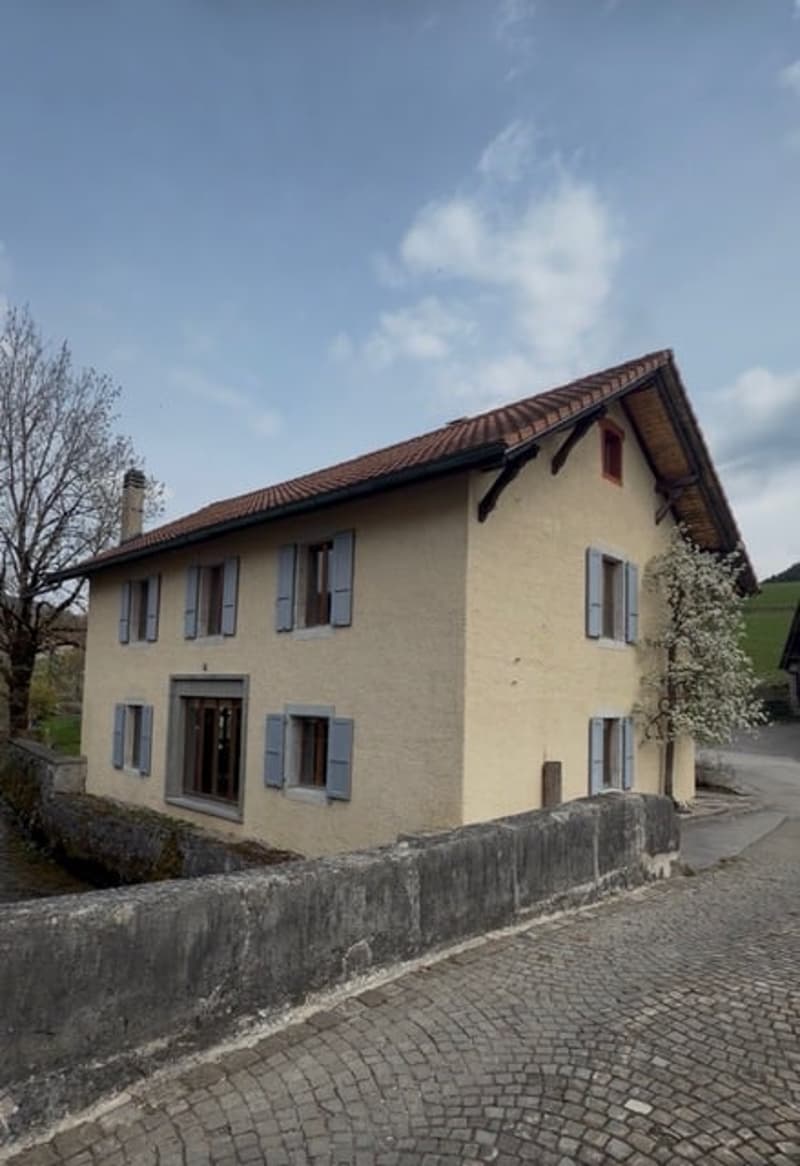 2 story house, yellow exterior, brown roof, multiple windows, chimney, cobblestone street