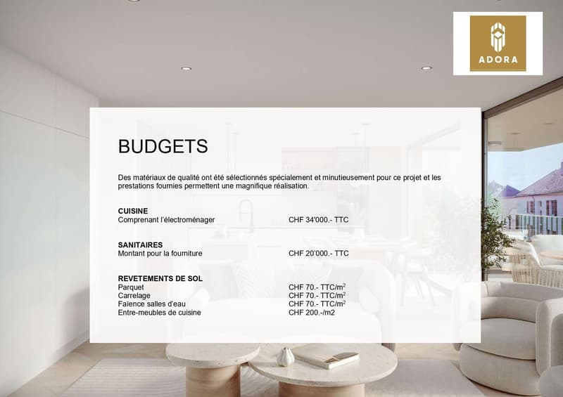 modern interior with white walls, wooden floor, large glass window with balcony, two round tables, beige chairs, book, white vase