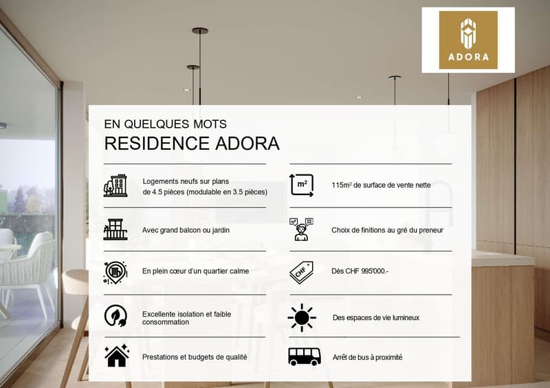 New buildings, various modules available, large balcony or garden, choice of finishes, CHF 995'000 or more, peaceful neighborhood, energy-efficient and low consumption, bright living spaces, quality amenities and budgets, nearby bus stop