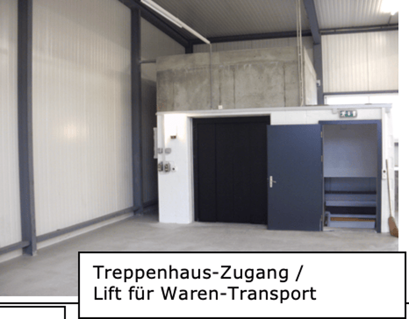 Industrial building with concrete walls, metal ceiling, two doors, one large and one small, concrete floor, text in German