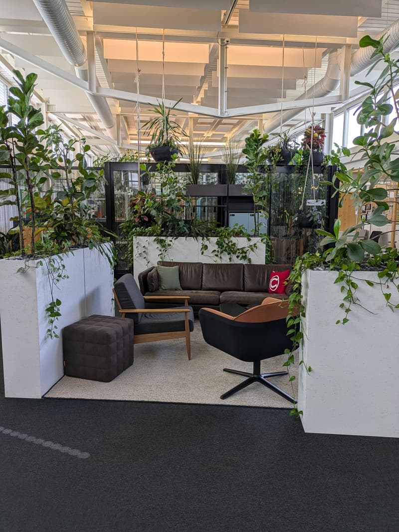 The image shows a cozy and modern office lounge area with a large sofa, armchair, and coffee table surrounded by lush greenery and plants. The space features high ceilings, exposed ductwork, and a fireplace, creating a warm and inviting atmosphere.