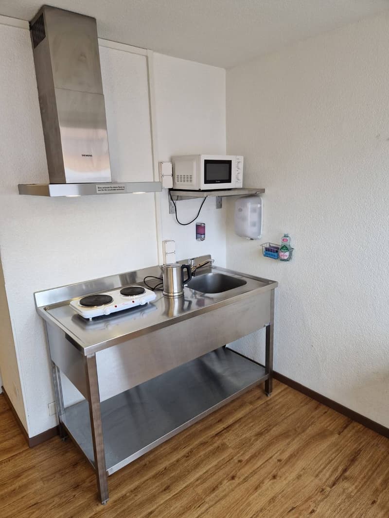 Compact kitchenette with stainless steel countertop, electric stove, microwave oven, and a washing machine. The space also includes a refrigerator and some storage cabinets.