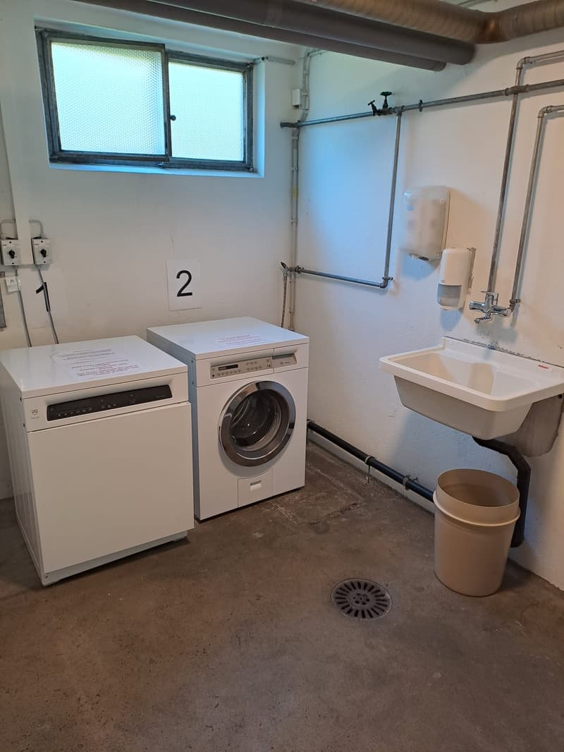 The image shows a laundry room with a washing machine, a dishwasher, a sink, and a window. The room has concrete flooring and exposed pipes and wiring on the walls.