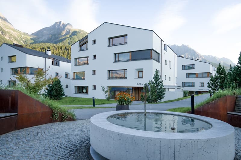 Modern white building, mountain view, fountain, greenery, driveway