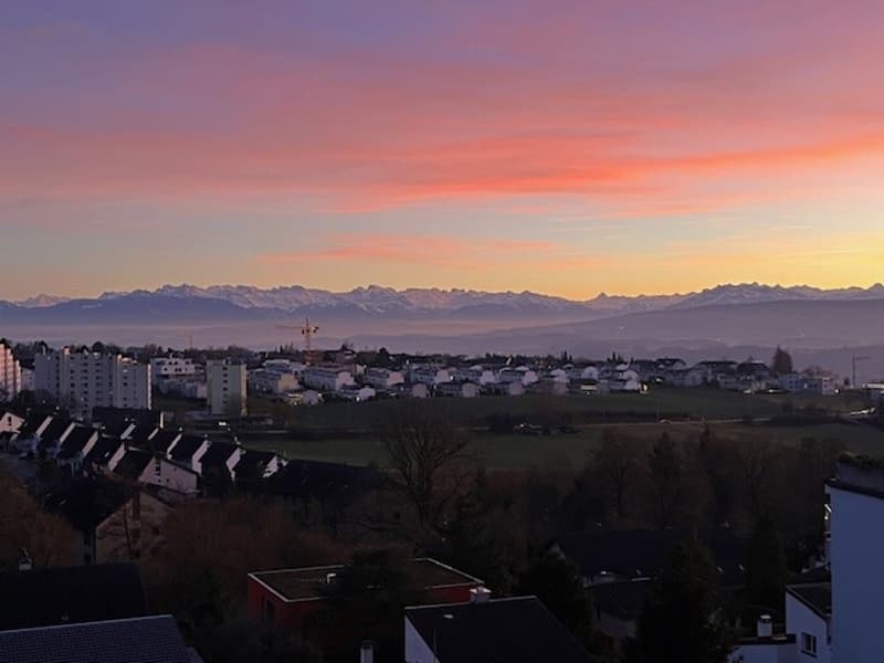 Ausblick mit Sonnenuntergang und Alpen