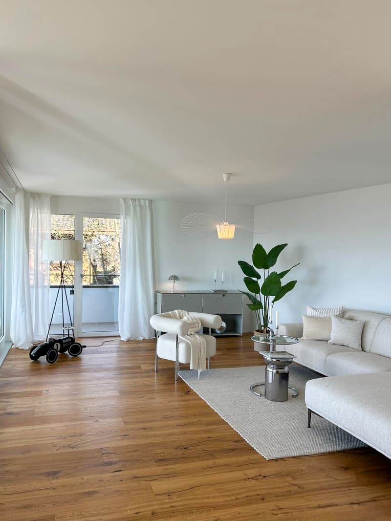 modern interior design, wooden floor, white walls, large sofa, coffee table, armchair, rug, floor lamp, table lamp, potted plant, sliding glass doors to balcony
