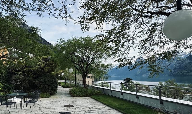 The image shows an outdoor area with a paved walkway, surrounded by lush greenery and trees. There is a railing overlooking a lake or body of water, with mountains visible in the background. The scene appears to be a scenic and peaceful outdoor space, lik