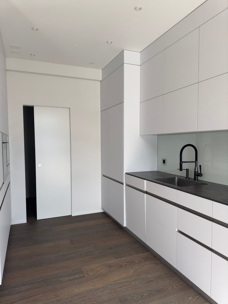 modern kitchen, white cabinets, granite countertops, under-mount sink, integrated appliances