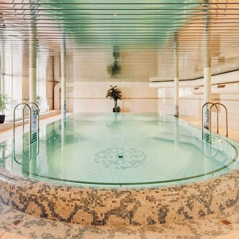 Indoor swimming pool, tiled floor, decorative pool floor, indoor palm tree