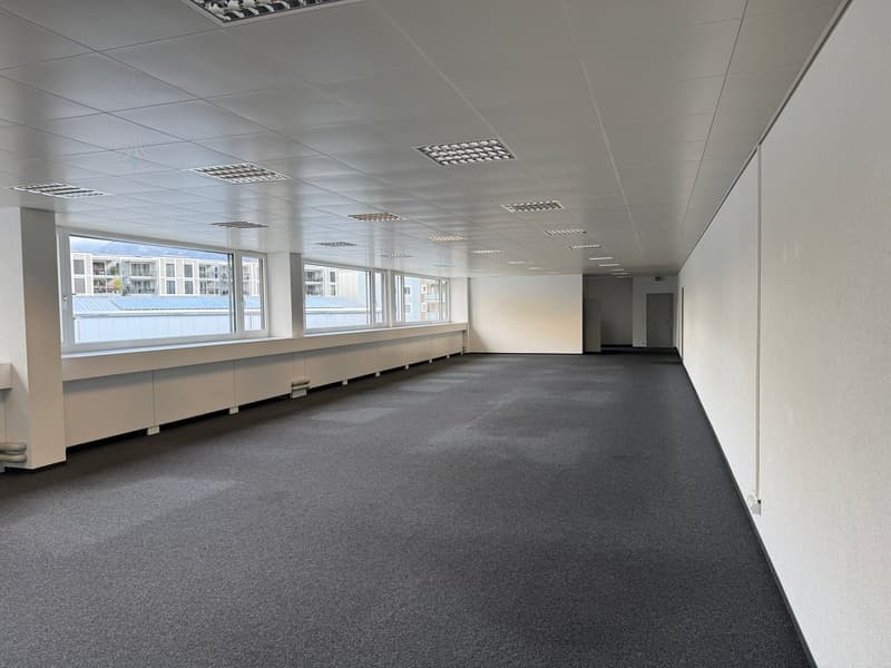 large hallway with carpeted floor, white walls, recessed lighting, and large windows with a view