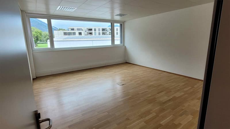 Spacious office room with large windows overlooking a scenic outdoor view, hardwood flooring, and a minimalist interior design.
