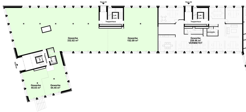 2 floors, 4 commercial spaces, lifts, staircases